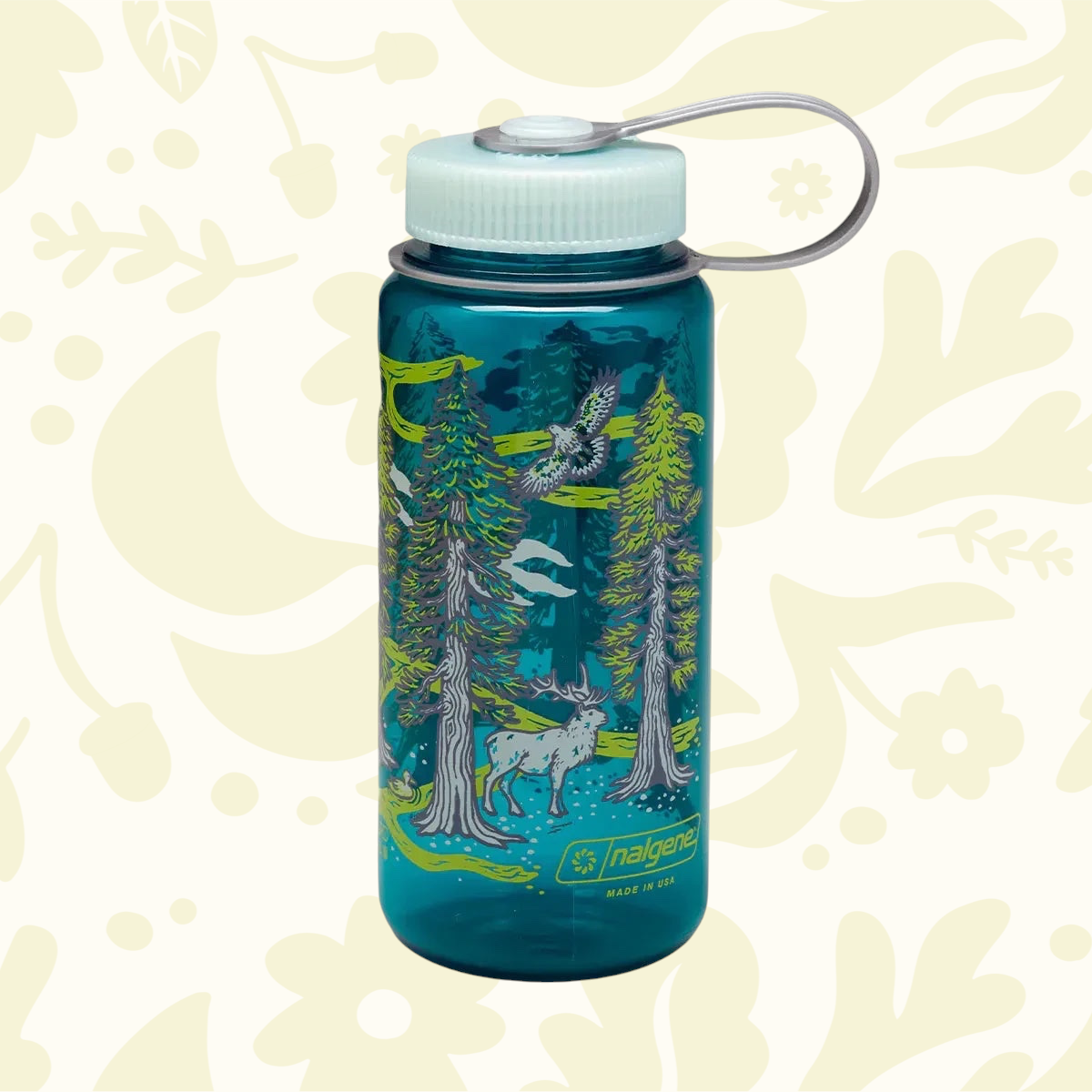 Forager Provisions LTD Mustard Beetle 16oz Nalgene water bottle in blue Tritan plastic with Redwoods forest graphic.