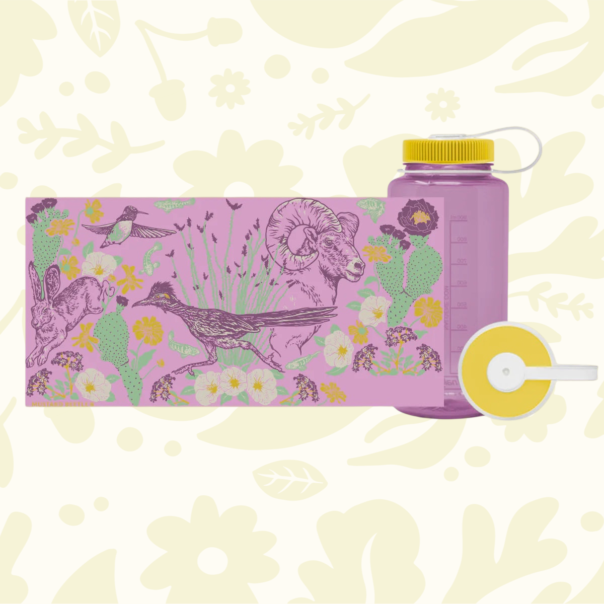Forager Provisions LTD Mustard Beetle 32oz Nalgene water bottle featuring Anza-Borrego desert wildlife illustration.