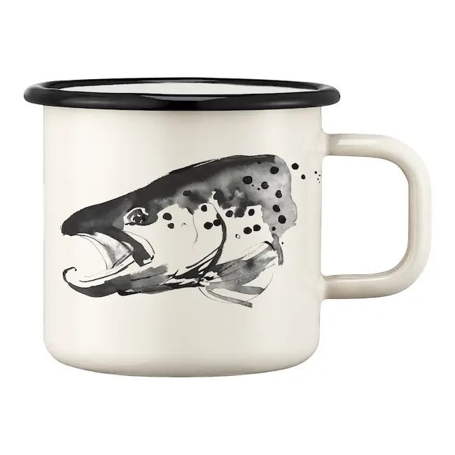 Forager Provisions LTD Muurla enamel mug featuring a black and white ink illustration of a fish on a cream background.
