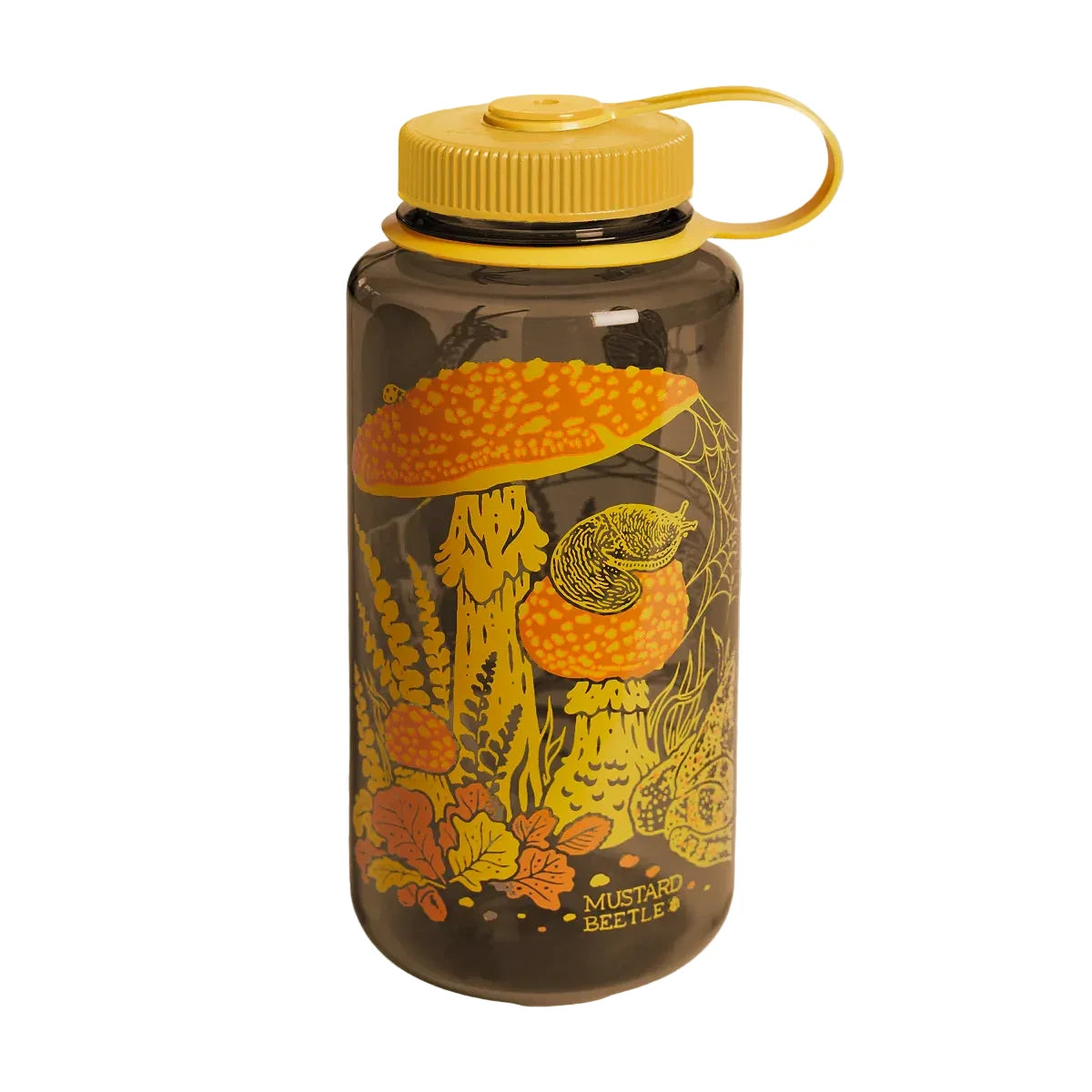 Forager Provisions LTD 32oz Nalgene water bottle in charcoal with mustard yellow mushroom, toad, and beetle woodland art.