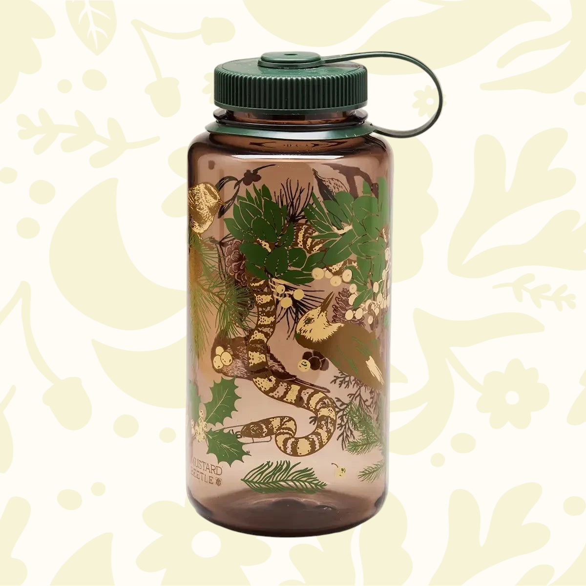Forager Provisions LTD 32oz wide mouth Nalgene water bottle featuring Mustard Beetle Alpine Forest nature illustration
