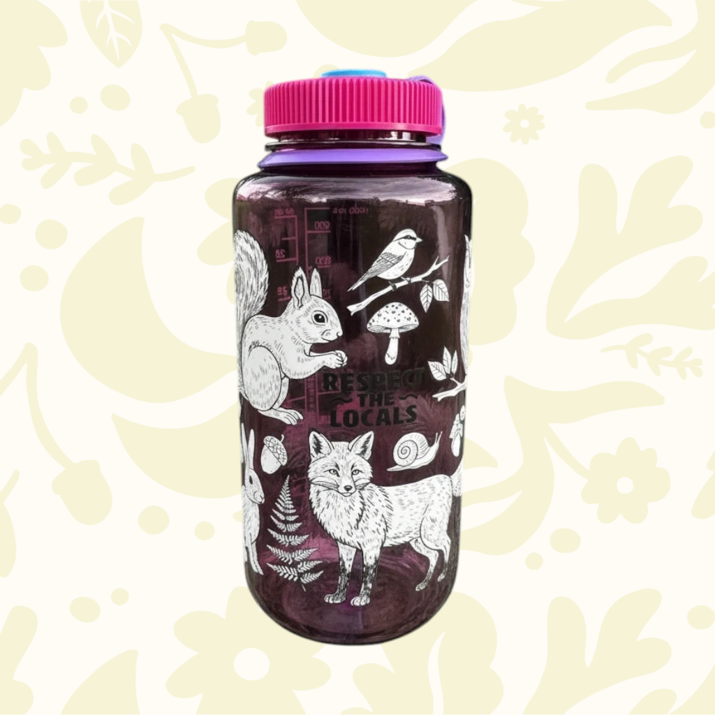 Forager Provisions LTD Hey Bear Outdoors 32oz Nalgene water bottle with wildlife graphic and pink leakproof lid