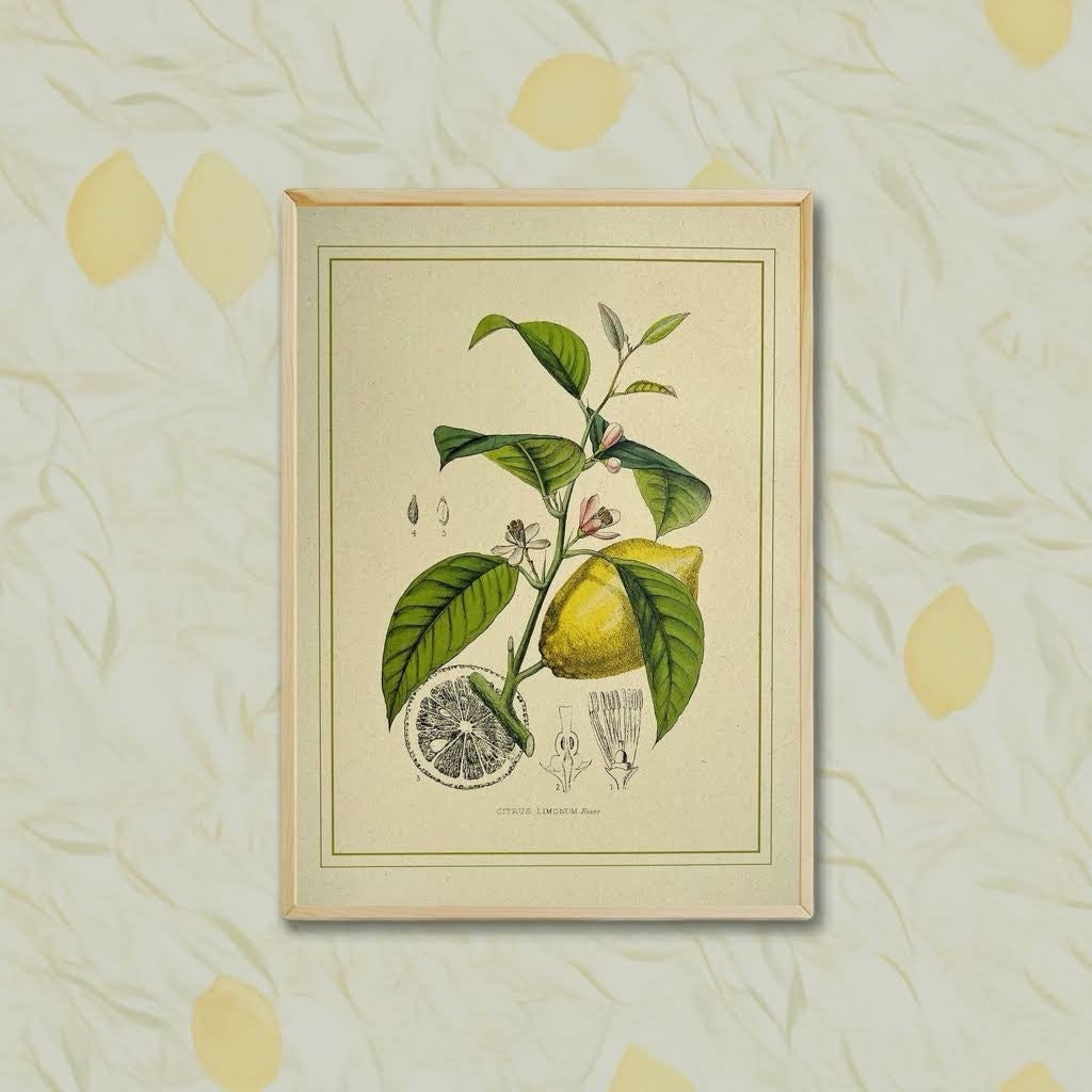 Forager Provisions LTD Napiers vintage botanical lemon print on textured recycled paper with a light wood frame.