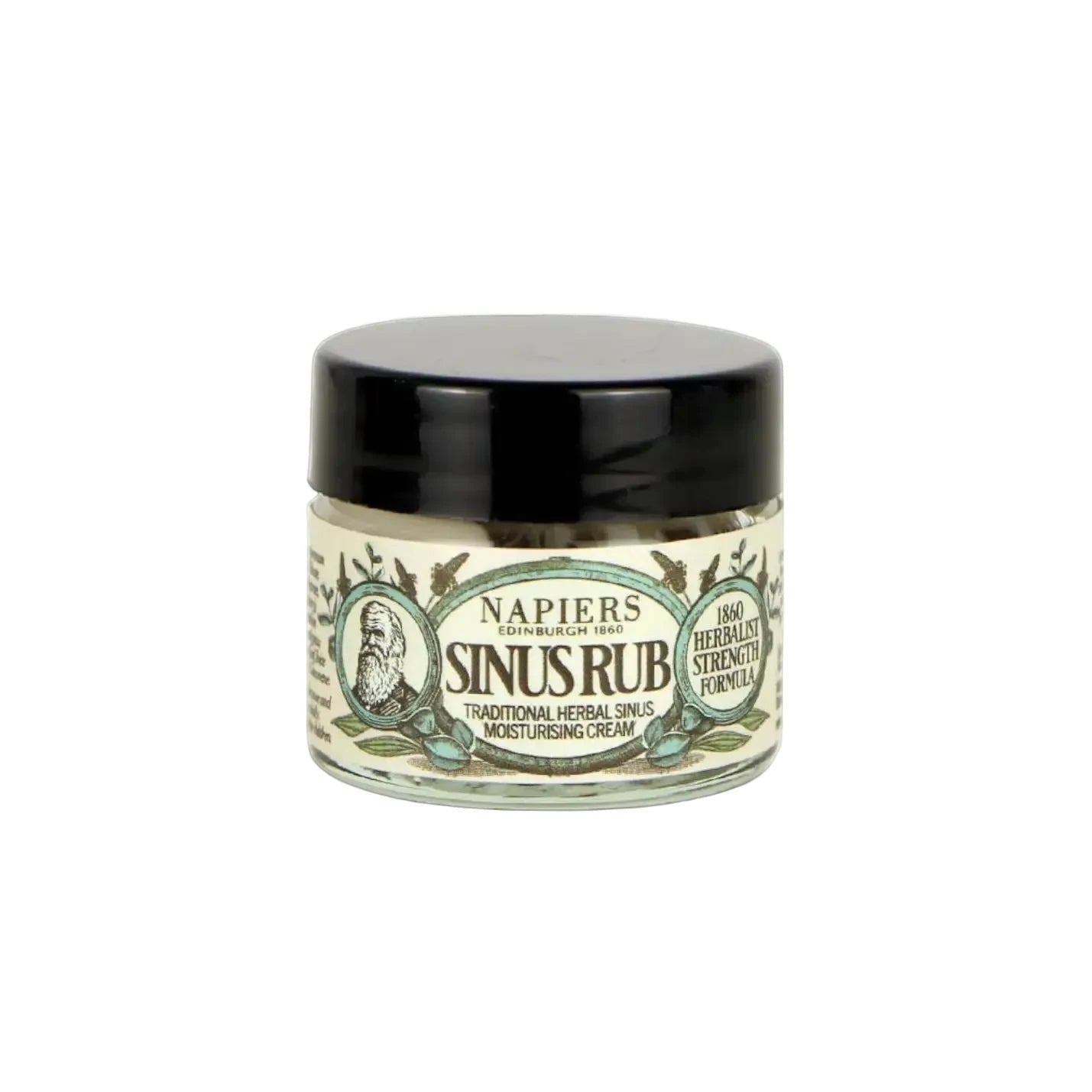 Forager Provisions LTD Napiers Sinus Rub Cream in a small glass jar with a black lid for herbal congestion relief.