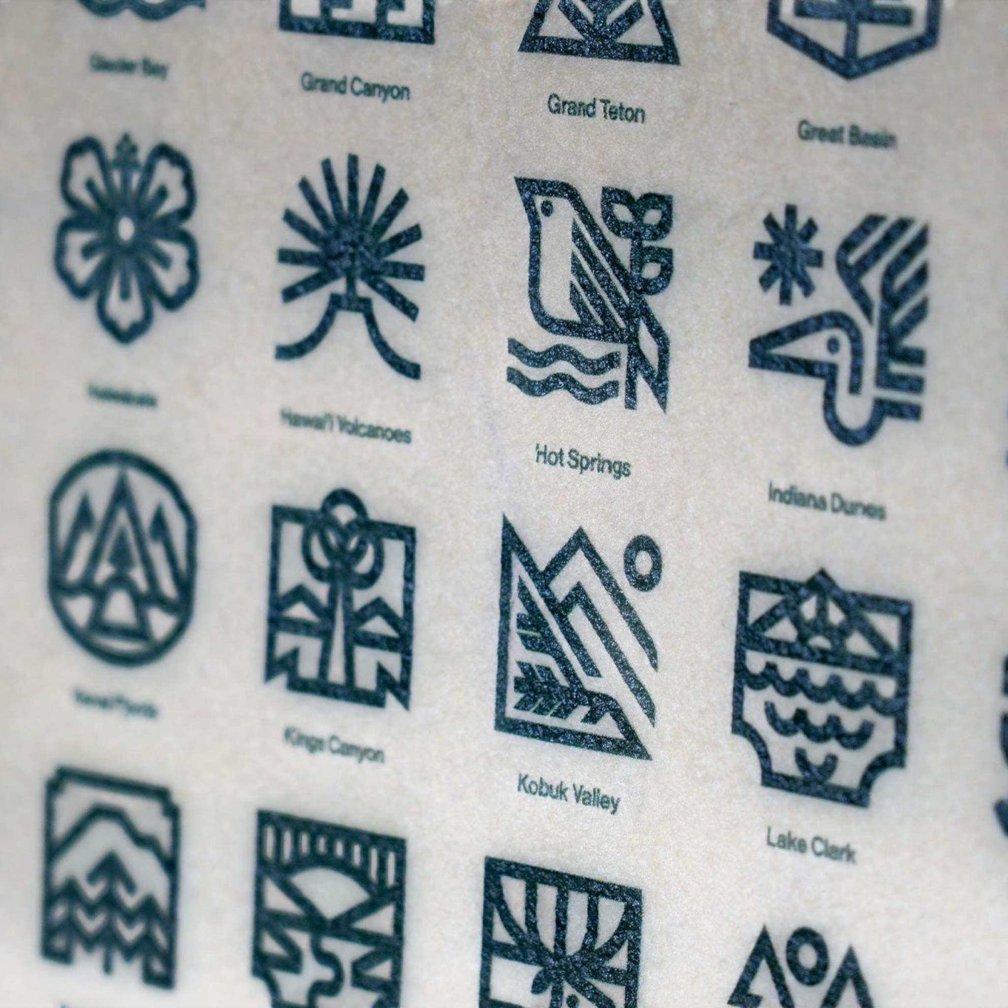 Forager Provisions LTD National Parks camp flag featuring a grid of screen-printed retro icons on wool felt.