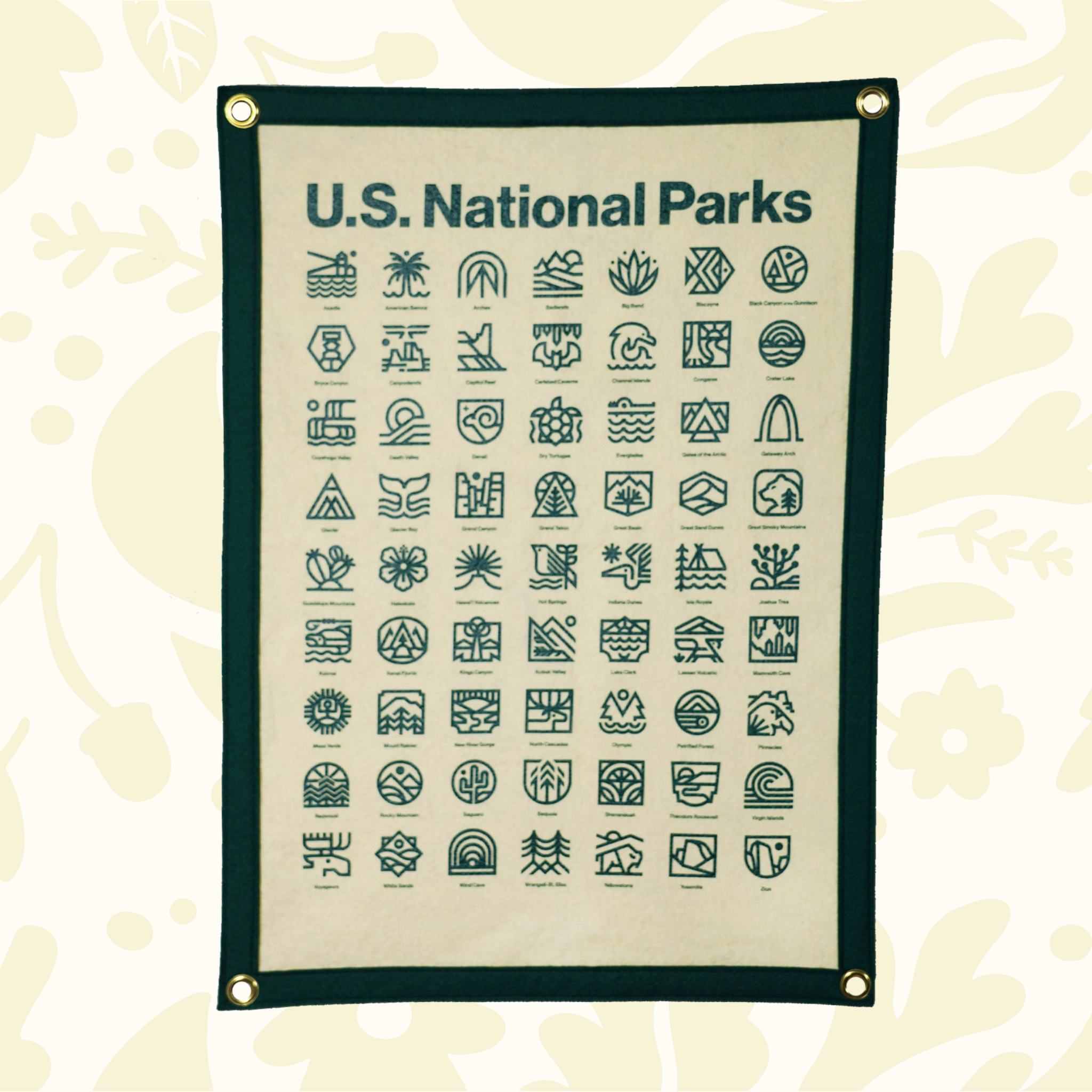 Forager Provisions LTD Oxford Pennant wool felt camp flag featuring a screen-printed U.S. National Parks graphic.