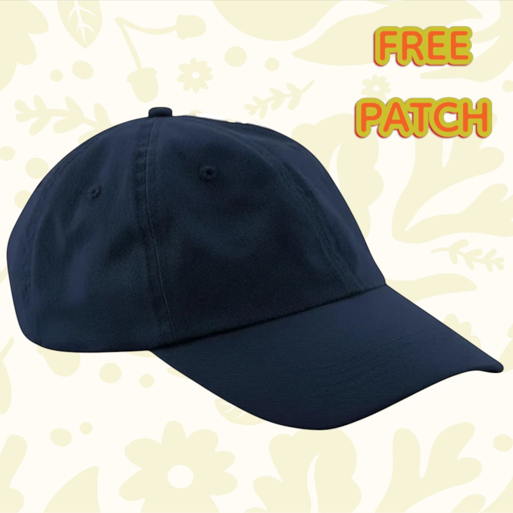 Forager Provisions LTD navy cotton 6-panel dad cap with an unstructured low-profile fit and a free patch included.