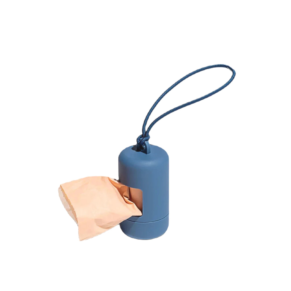 Wild One Navy Dog Poop Bag Dispenser, portable with strap, dispenses waste bags easily for pet walks and clean-ups.
