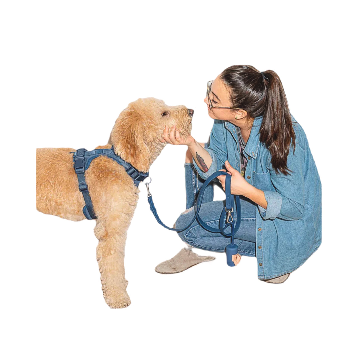 Woman in denim squats and pets tan dog wearing a harness, holding Wild One Navy Poop Bag Dispenser Holder outdoors.