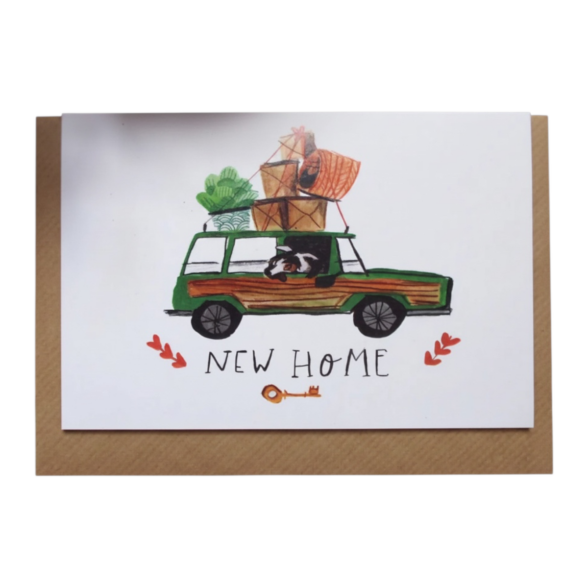 Forager Provisions LTD Dick Vincent greeting card featuring a green car packed with boxes and a key for New Home.