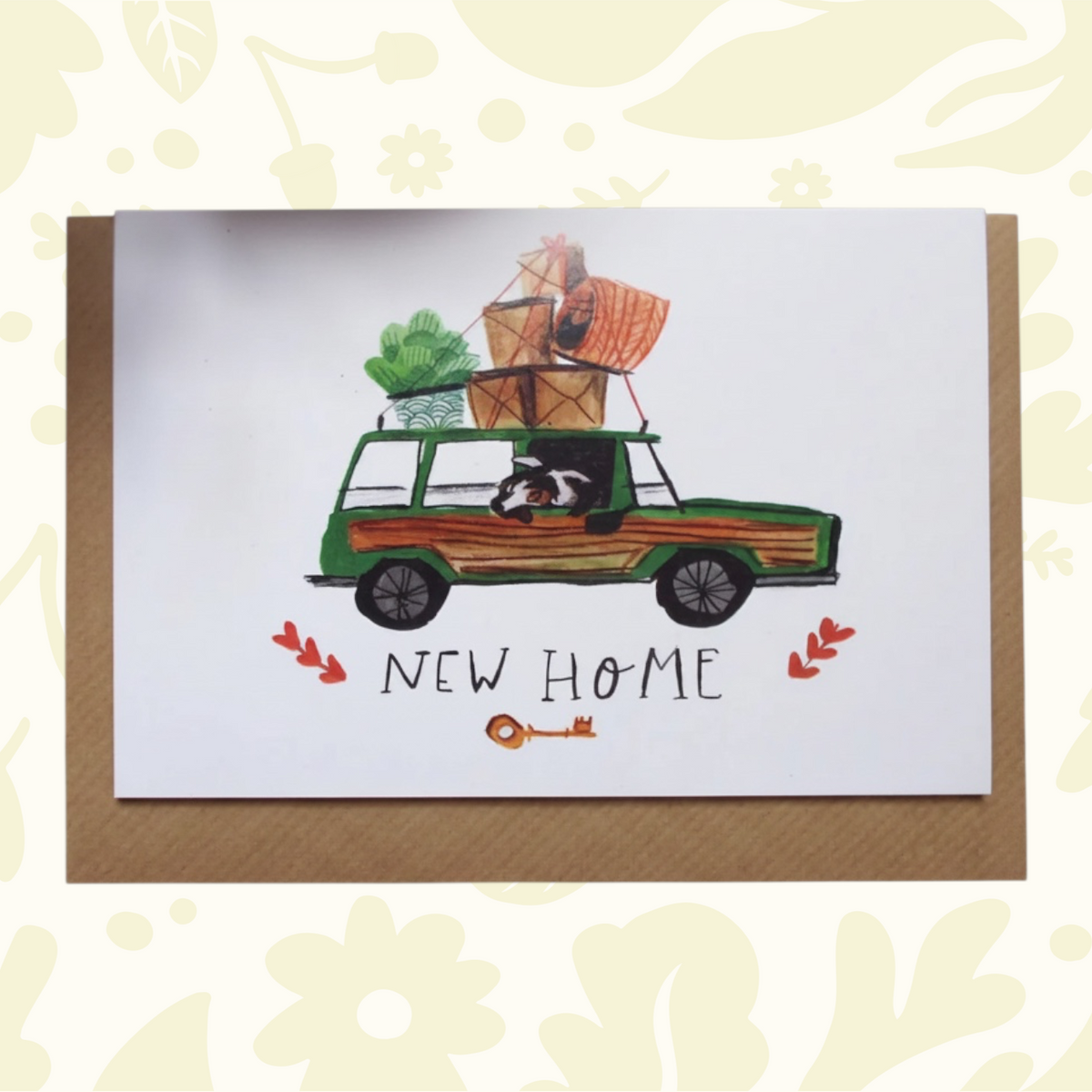 Forager Provisions LTD greeting card featuring a Dick Vincent illustration of a green car packed with moving boxes.