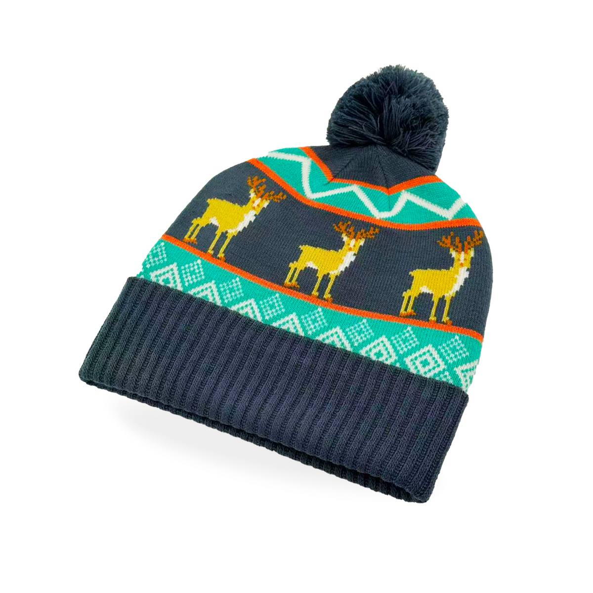 Forager Provisions LTD Northern Icons Creations knitted beanie with a Nordic deer pattern, pom pom, and ribbed cuff.