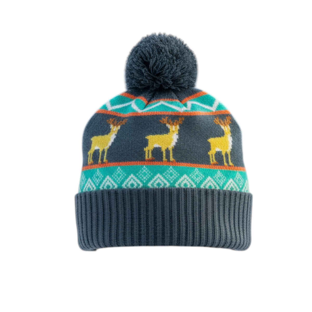 Forager Provisions LTD Nordic pom pom beanie featuring a grey acrylic knit with a yellow deer and teal geometric pattern.