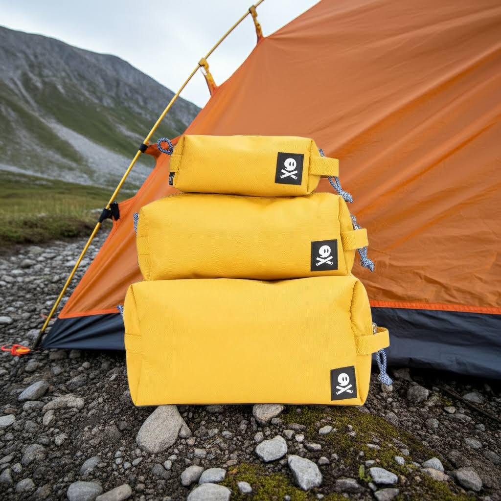 Three Ghost Outdoors yellow Dopp kits stacked by an orange tent on rocky ground—camping travel toiletry bags outdoors.