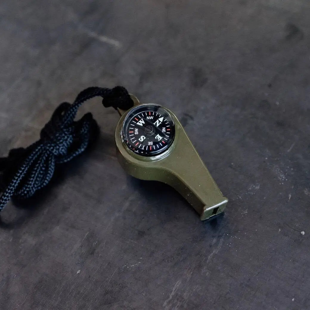 Forager Provisions LTD Bradley Mountain OD green thermoplastic survival whistle with integrated compass and black cord
