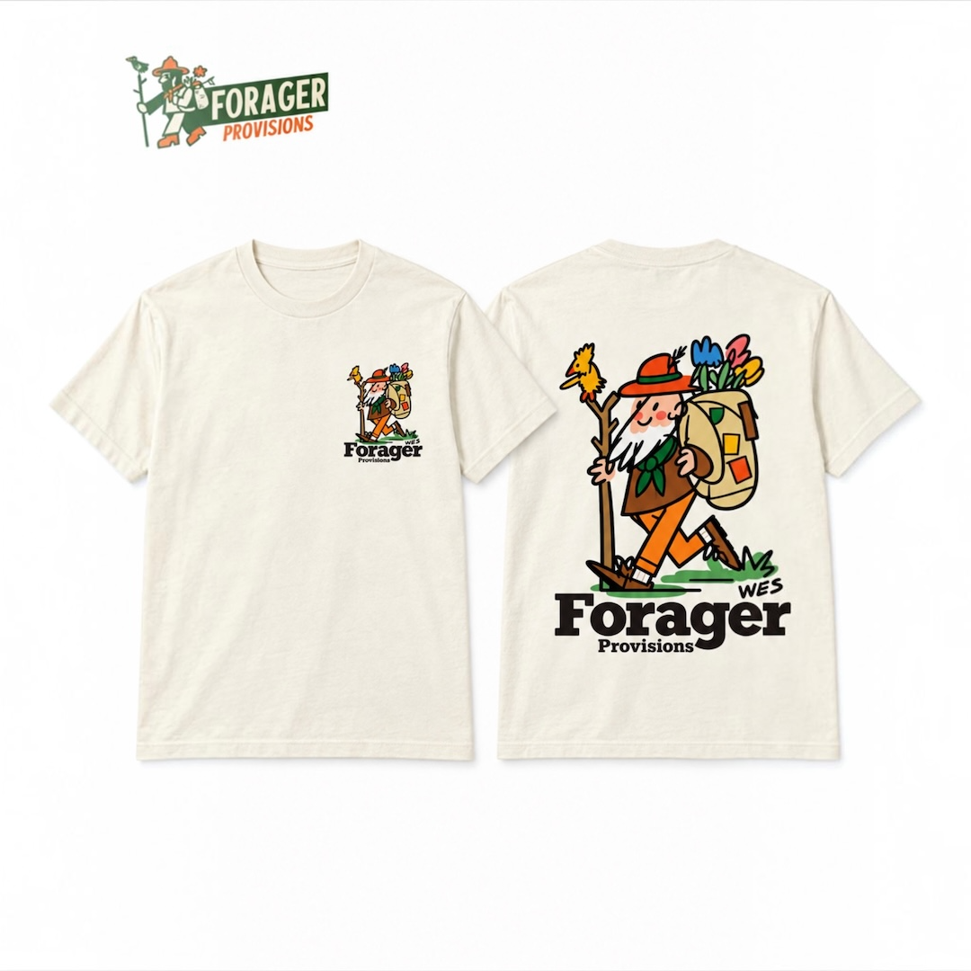 Forager Provisions LTD off-white midweight cotton t-shirt featuring Wes Robinson artwork on chest and back