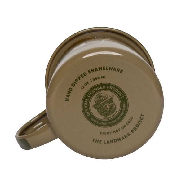 Forager Provisions LTD olive enamel mug base with Smokey Bear logo and hand dipped details
