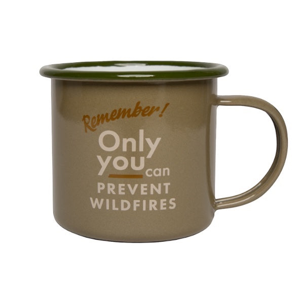Forager Provisions LTD olive enamel mug featuring Smokey Bear Remember Only You Can Prevent Wildfires graphic