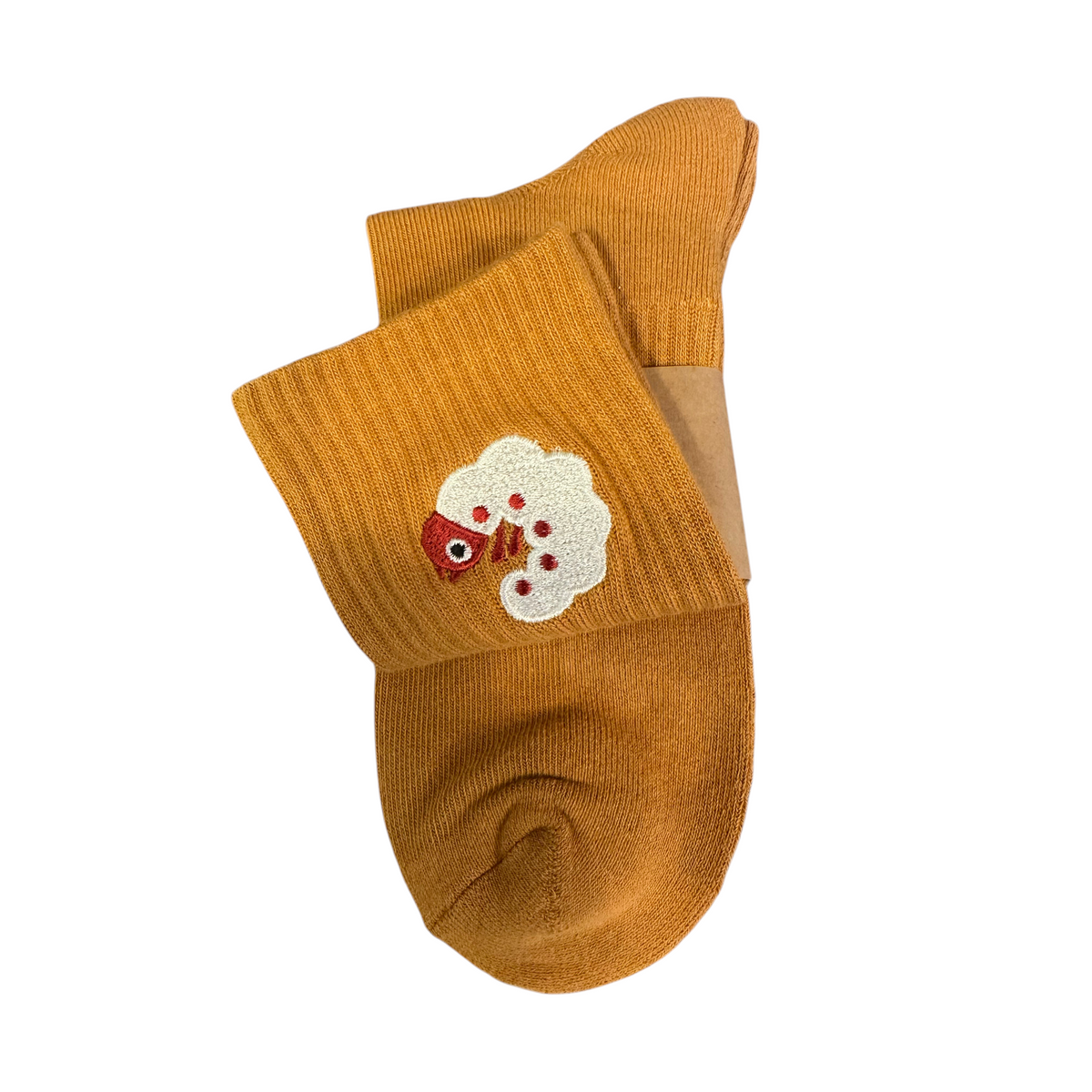 Camp Mustelid orange cotton socks with beetle and grub design—unique insect lover gift, fun nature novelty socks.