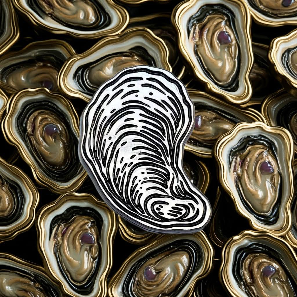 Forager Provisions LTD oyster enamel pin featuring a detailed black and white shell illustration on a gold background.