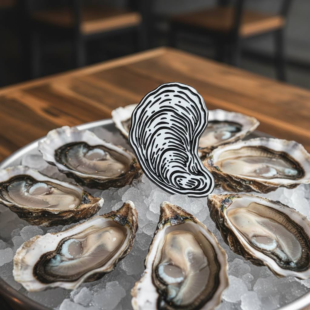 Forager Provisions LTD oyster enamel pin featuring a black and white shell illustration displayed on a bed of ice.