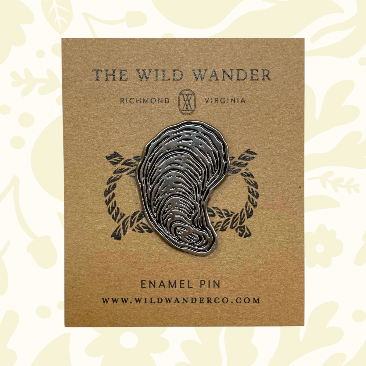 Forager Provisions LTD oyster shell enamel pin with gold-tone metal accents on a branded backing card.