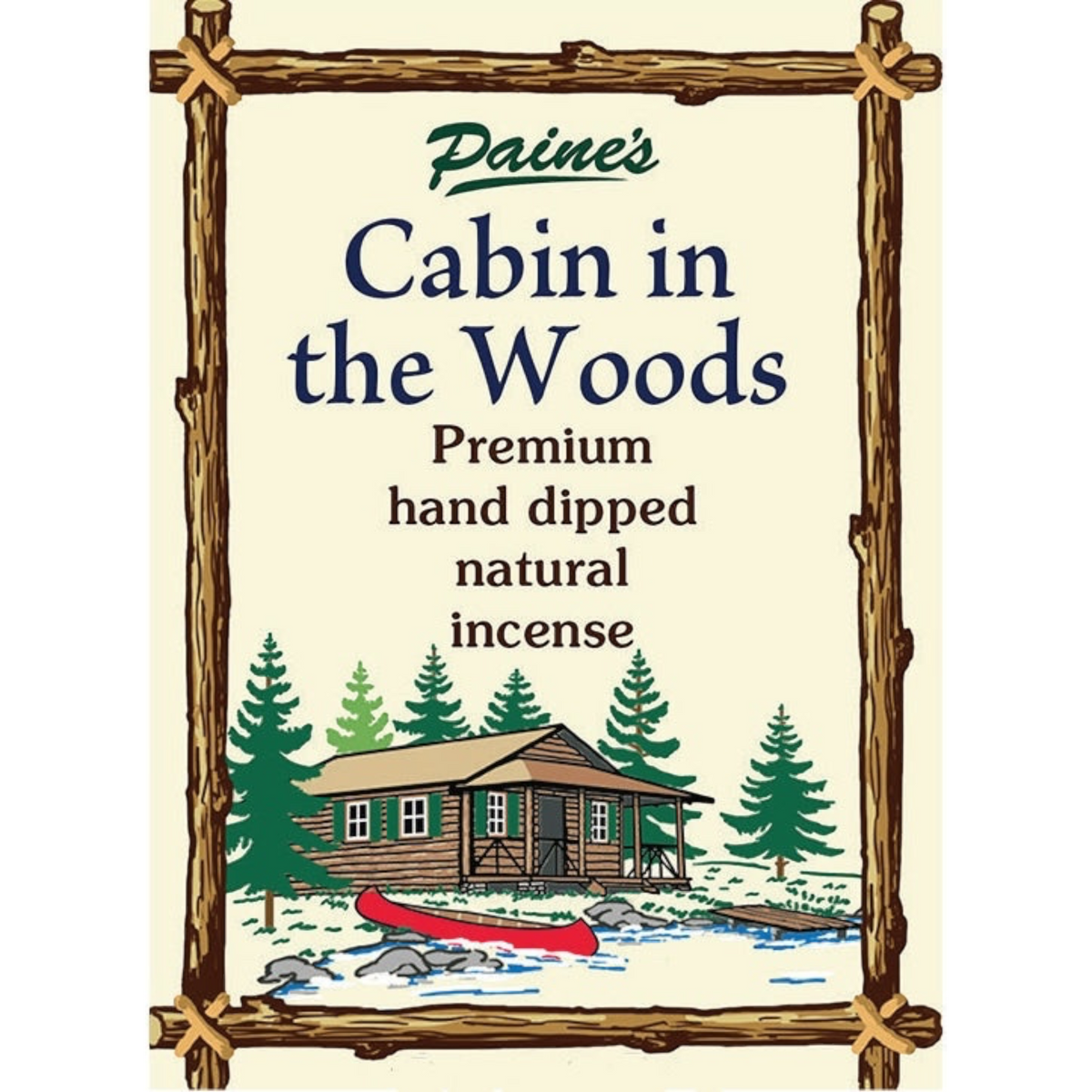 Forager Provisions LTD PAINE’S Cabin in the Woods incense packaging featuring a rustic cabin and pine forest illustration.