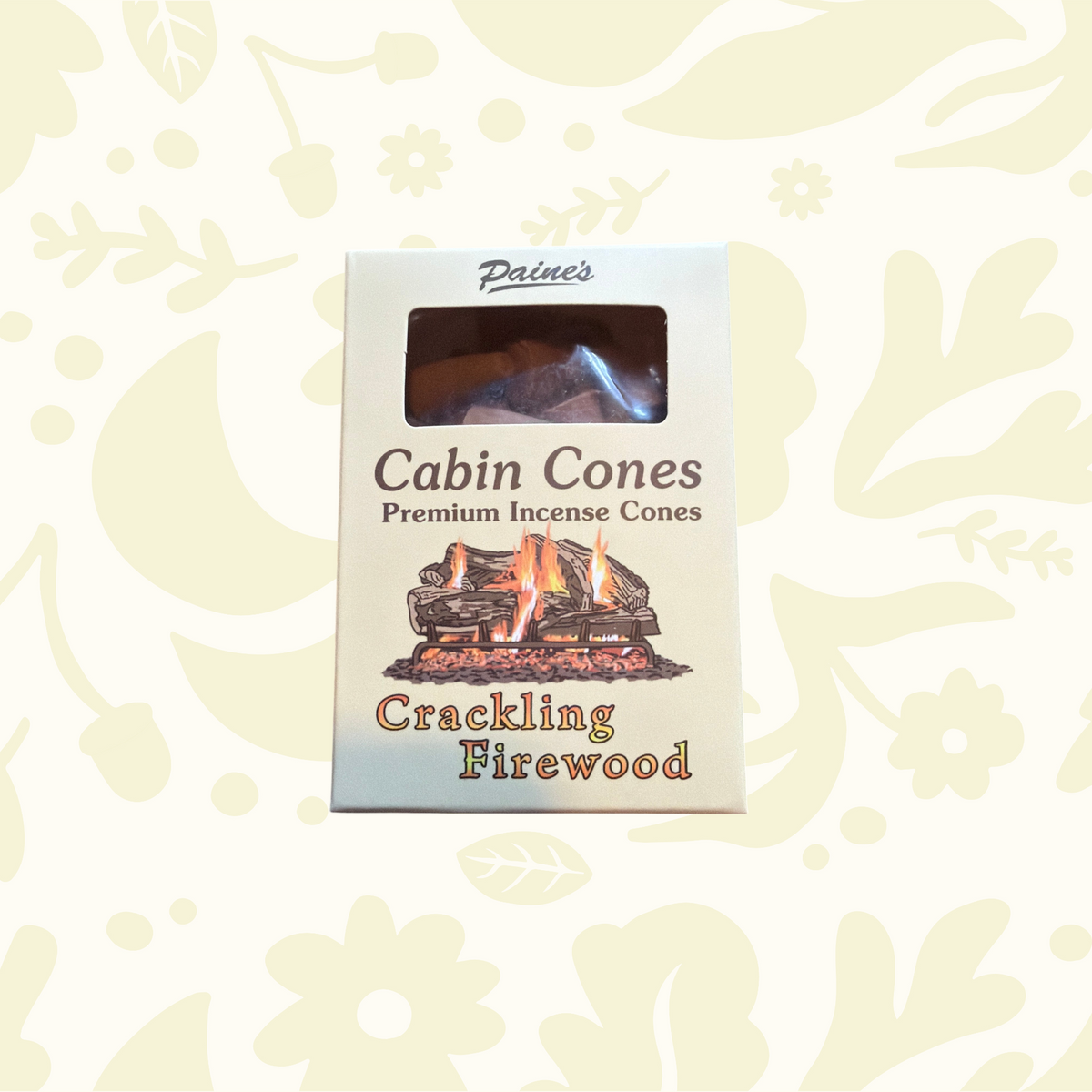 Forager Provisions LTD PAINES Crackling Firewood premium incense cones in a rectangular box with fireplace graphic