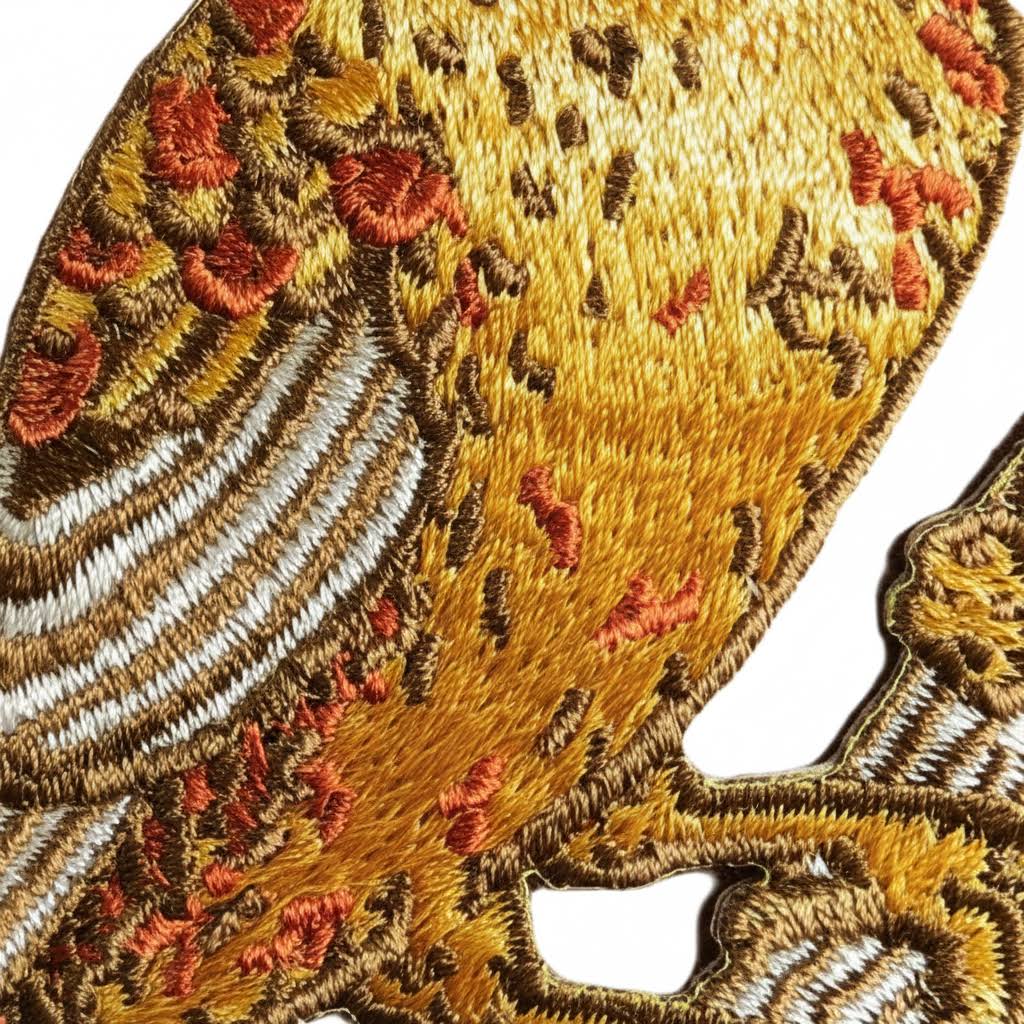 3x3 Mustard Beetle Palm Warbler Bird Iron On Patch with golden yellow, orange, brown textured embroidery detail.