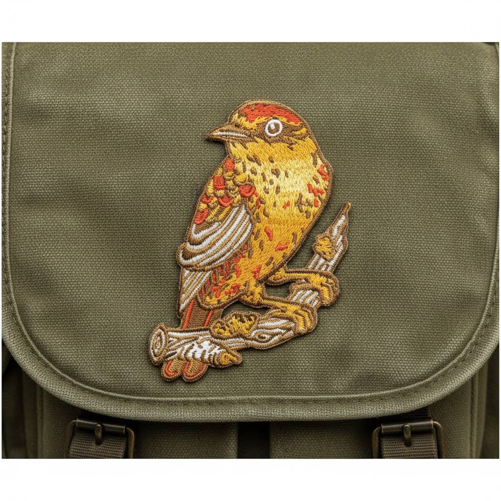 Mustard Beetle 3x3″ Palm Warbler iron-on patch with yellow-brown bird on branch, embroidered bird patch for jackets.
