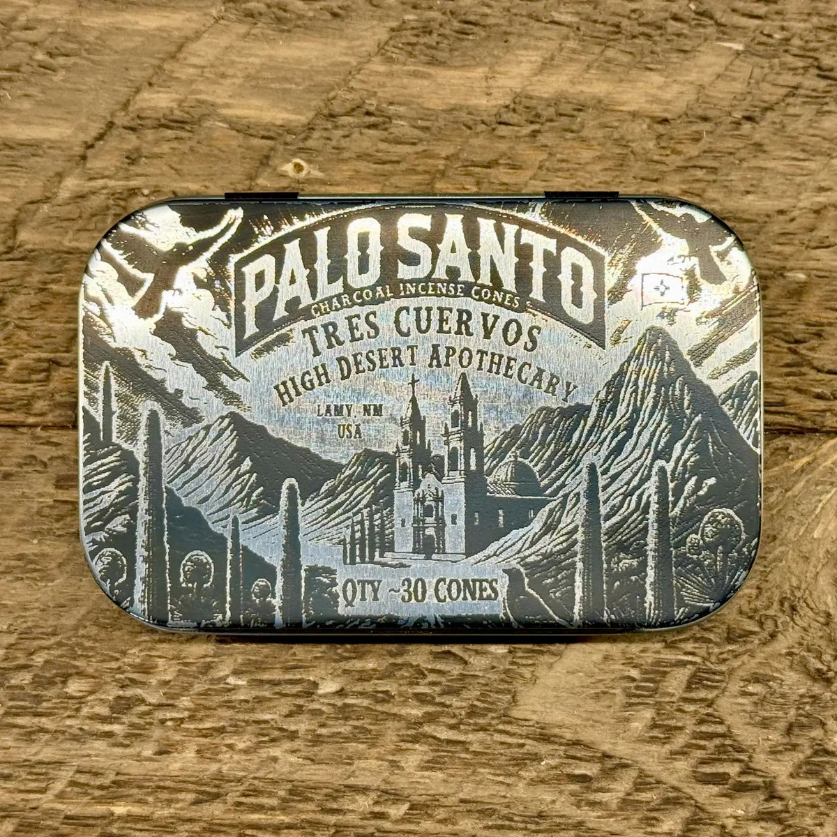 Tres Cuervos Palo Santo charcoal incense cones, desert and church wood art, High Desert Apothecary natural aromatherapy.