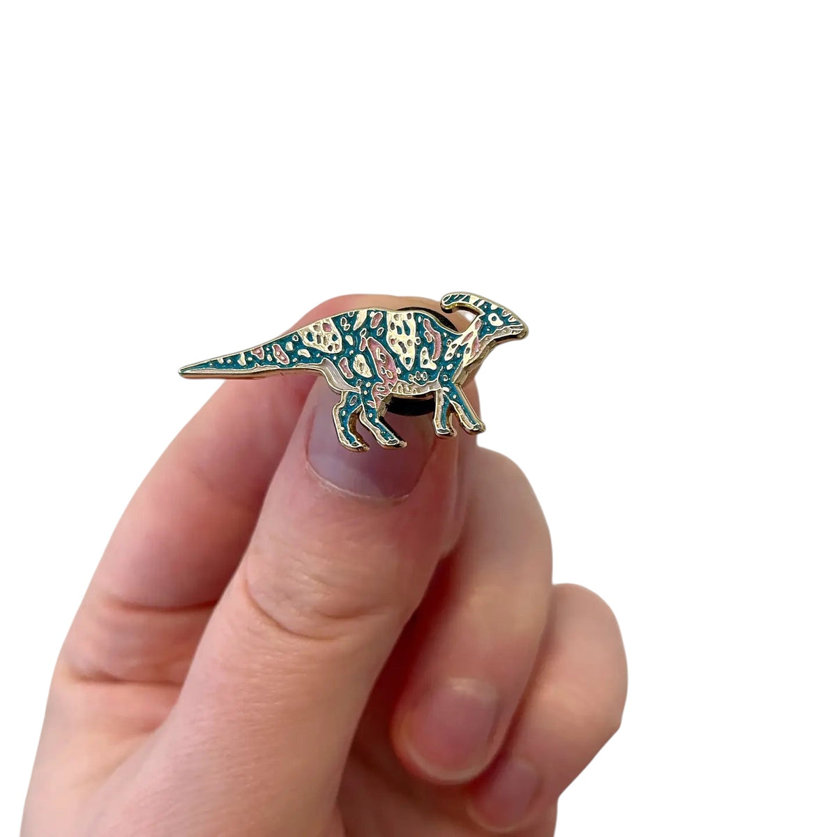 Forager Provisions LTD James Barker Parasaurolophus dinosaur enamel pin with a patterned teal and pink hard finish.