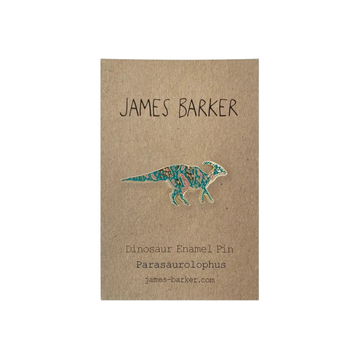 Forager Provisions LTD James Barker Parasaurolophus dinosaur hard enamel pin badge on a branded display card.