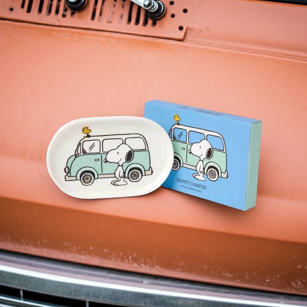 Forager Provisions LTD Magpie Peanuts oval porcelain trinket dish featuring Snoopy and Woodstock on a camper van