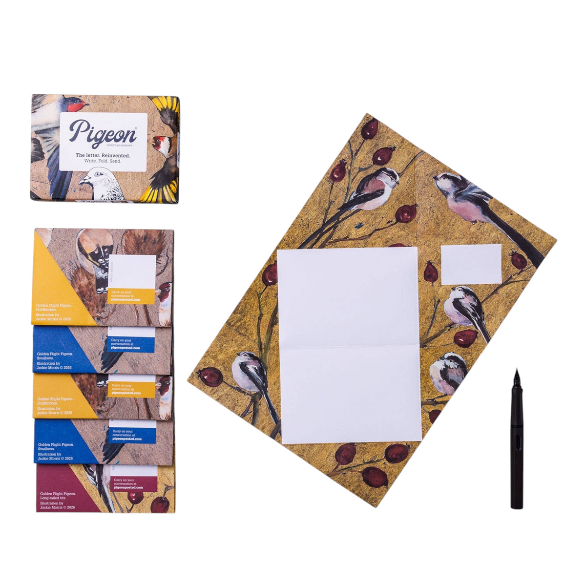 Forager Provisions LTD Pigeonposted Golden Flight folding letter set with bird-illustrated stationery and a black pen.