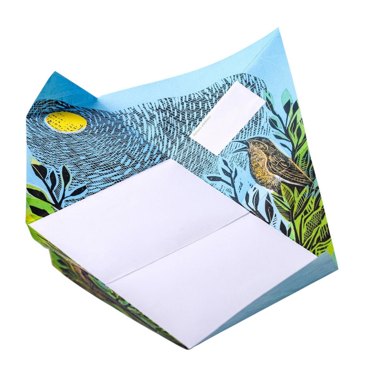 Forager Provisions LTD Pigeonposted folding letter with blue nature-inspired pigeon illustration and white writing area