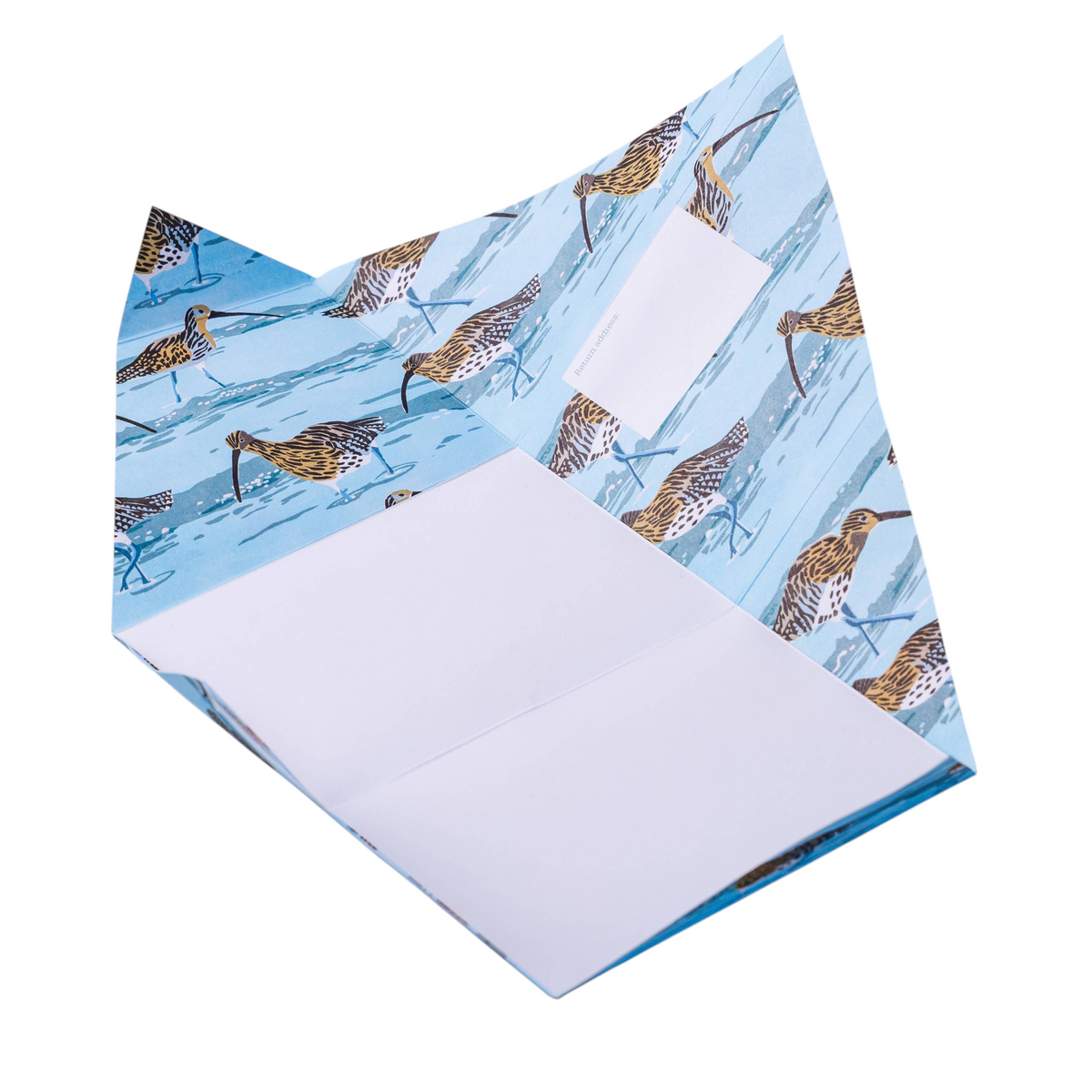 Forager Provisions LTD Pigeonposted folding letter set featuring a blue seaside pattern with Hebridean pigeon motifs.