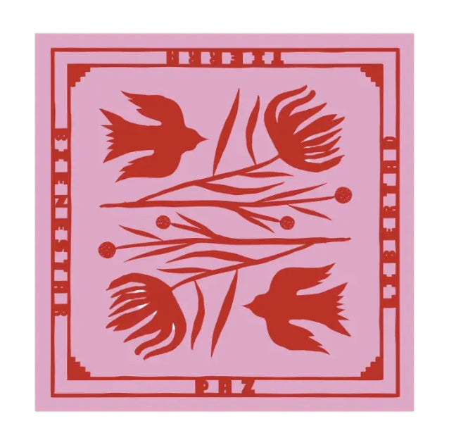 Forager Provisions LTD pink cotton bandana with red screen-printed bird and floral folk art design