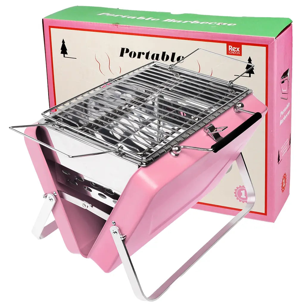Forager Provisions LTD Rex pink portable suitcase charcoal BBQ grill with metal rack and fold-out stand