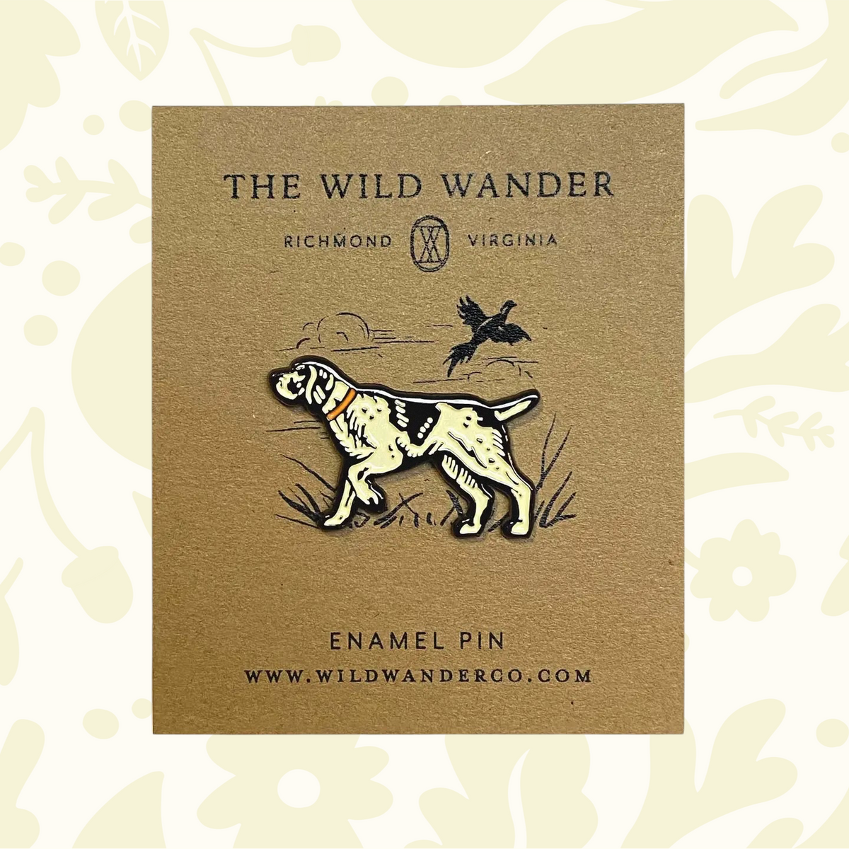 Forager Provisions LTD The Wild Wander pointer dog enamel pin with gold-plated details on a branded backing card.