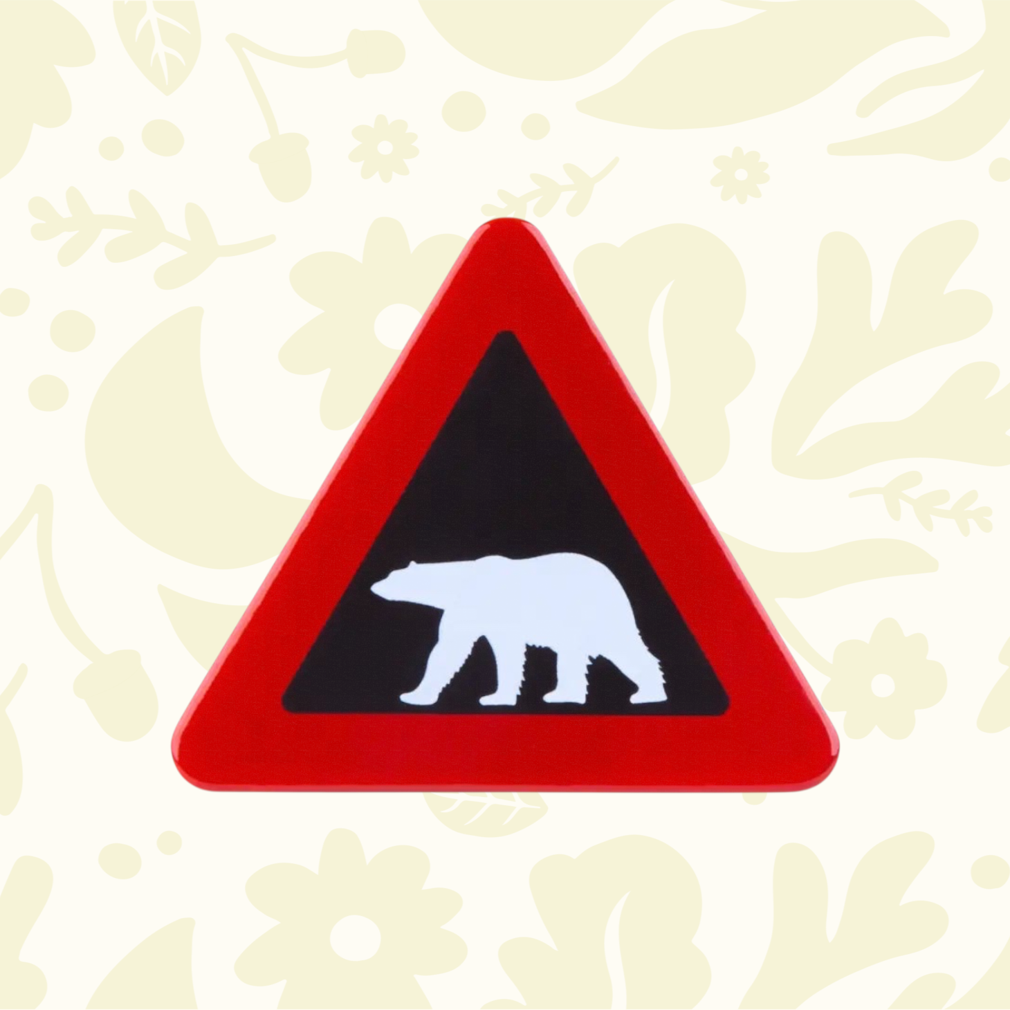 Forager Provisions LTD Emalco Enamelware triangular polar bear warning sign magnet with red border and black center.