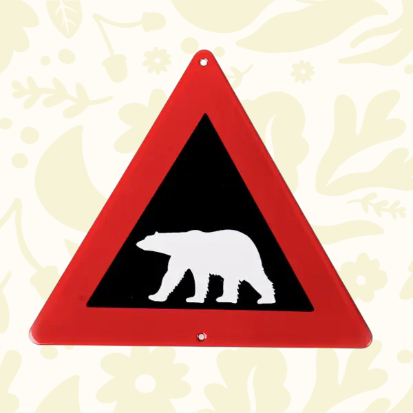 Forager Provisions LTD Emalco Enamelware triangular warning sign featuring a white polar bear on a black background.