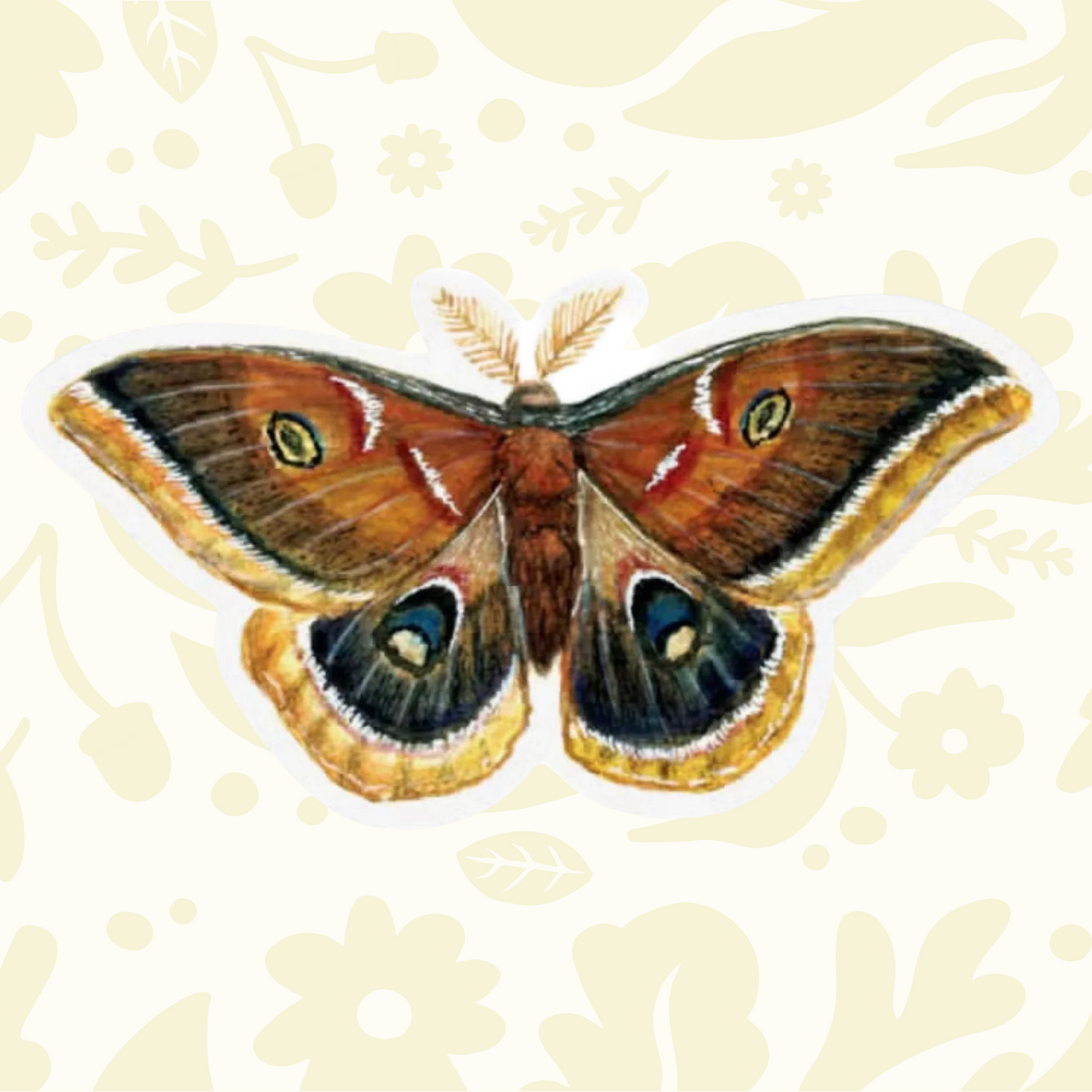Forager Provisions LTD Polyphemus moth sticker with detailed brown and orange wings and distinctive eyespots.