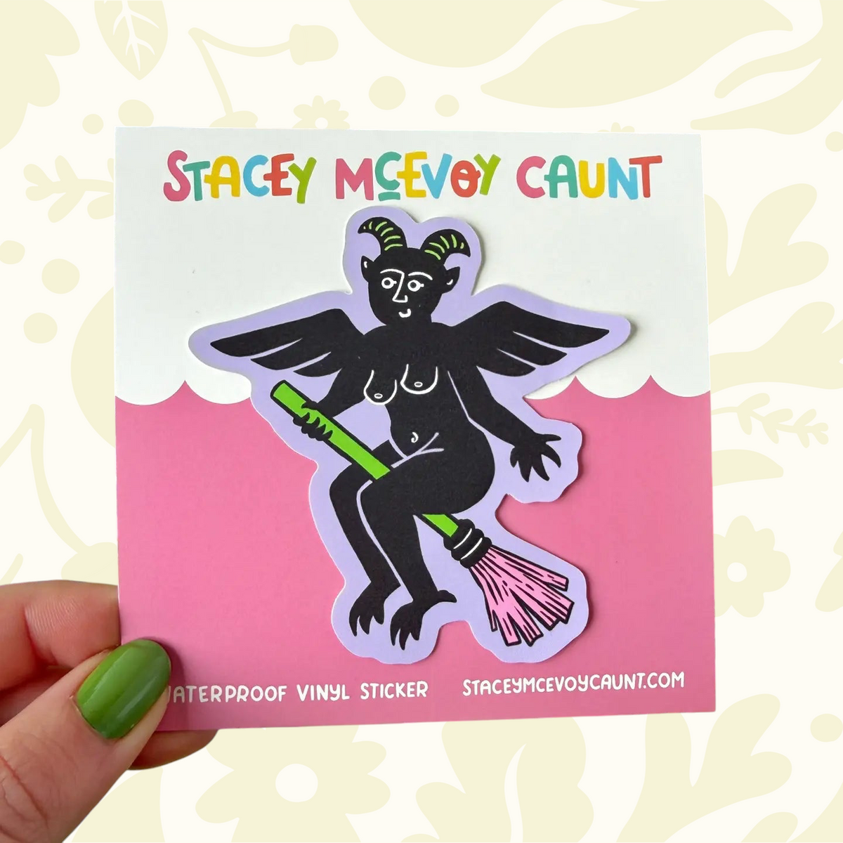 Forager Provisions LTD Stacey McEvoy Caunt purple devil vinyl sticker featuring a medieval creature riding a broom