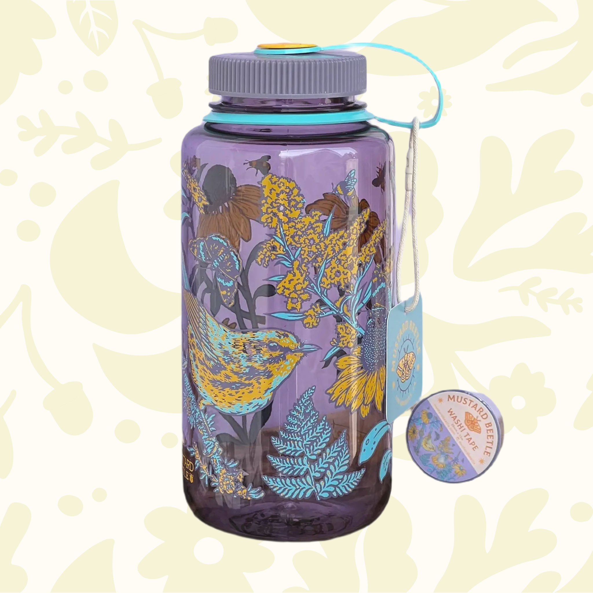 Forager Provisions LTD 32oz wide mouth Nalgene water bottle in purple with mustard yellow prairie floral illustration