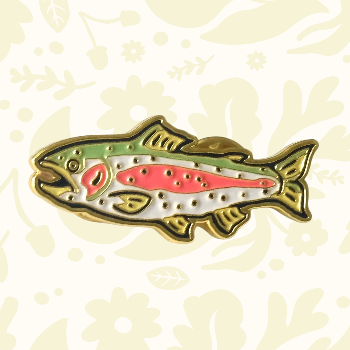 Forager Provisions LTD rainbow trout enamel pin with gold metal detailing and vibrant fish illustration.