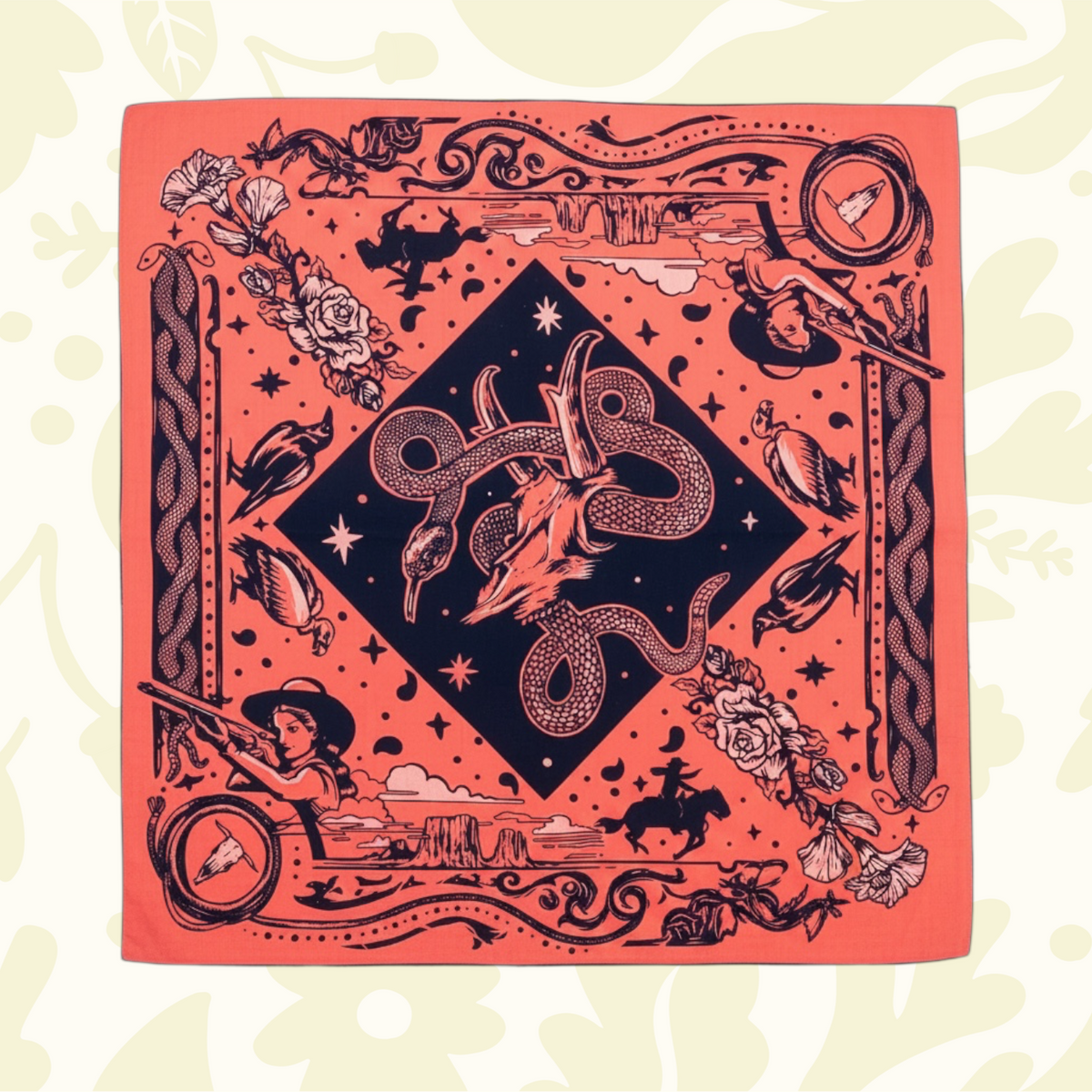 Forager Provisions LTD Rattle & Hiss organic cotton bandana featuring Old West illustrations in coral and black.