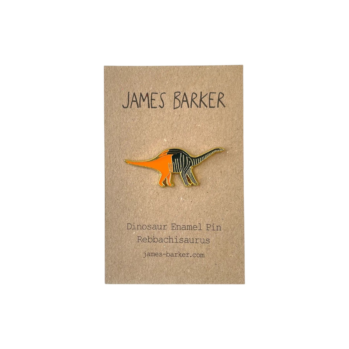 Shop The James Barker Rebbachisaurus enamel pin, displayed on a brown card with cute James Barker dinosaur artwork.