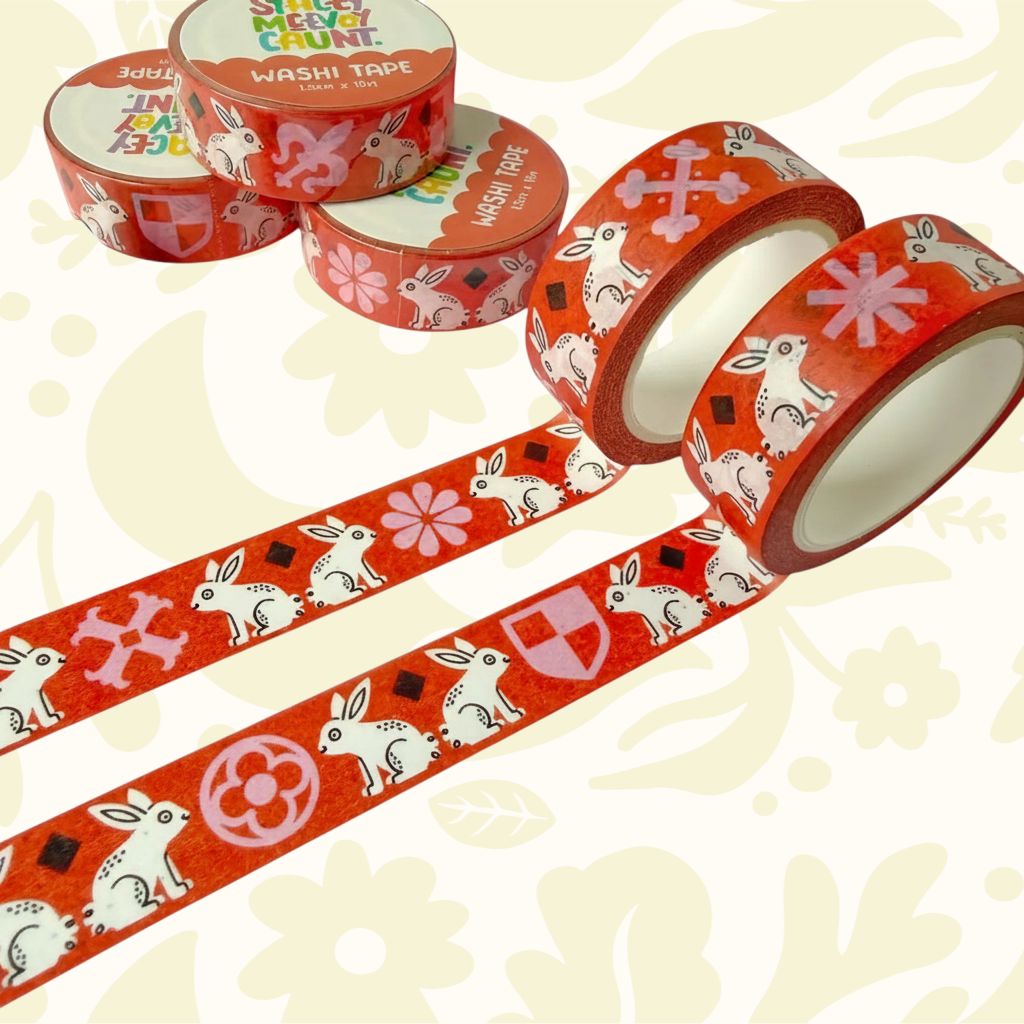 Forager Provisions LTD Stacey McEvoy Caunt red washi tape featuring medieval armoured bunnies and floral patterns