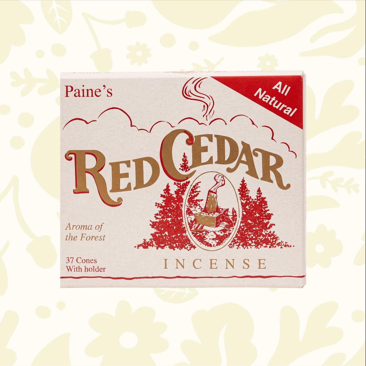 Forager Provisions LTD PAINES Red Cedar incense cones box with 32 count and holder, featuring woodland forest design.